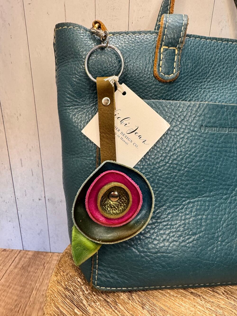 Genuine Leather Round Flower Purse Charm Blue Fuchsia Green Boho Bag Charm
